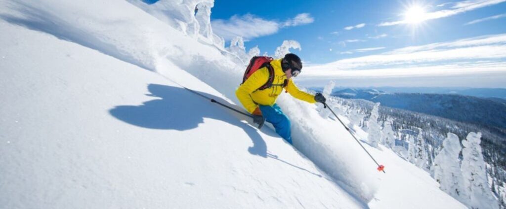 Skiing in the snowy mountains.